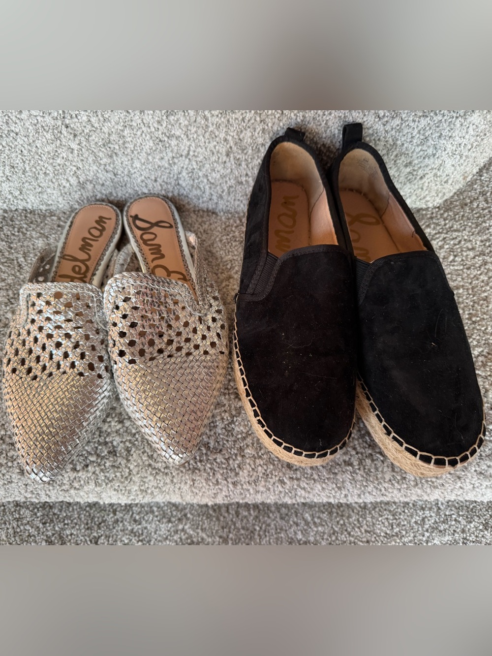 Sam Edelman Black Suede Espadrille Slip-On Loafers and silver metallic mule 8/9